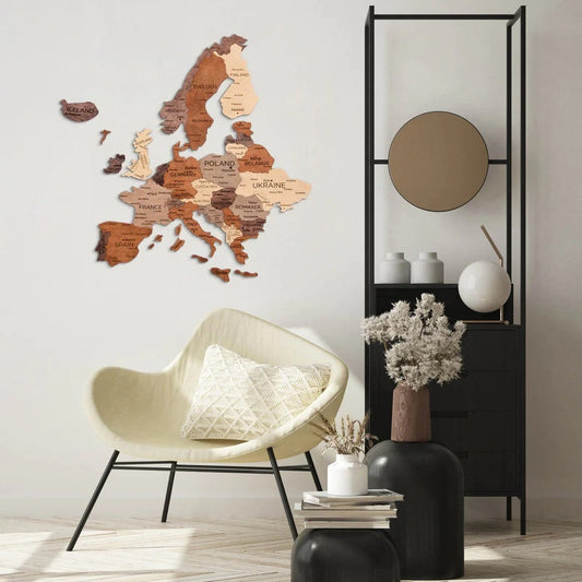 3D Wooden Map of Europe in Multicolor in a Living Room