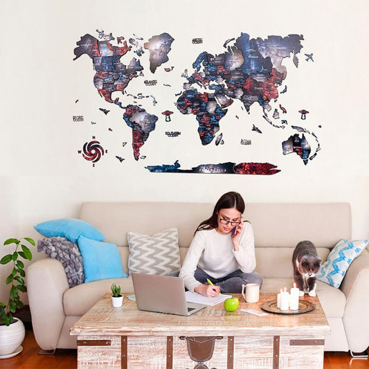3D Wooden World Map in Alcor Color in a Living Room