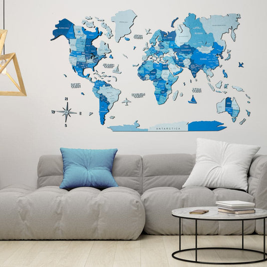 3D Wooden World Map in Azure Color in a Living Room