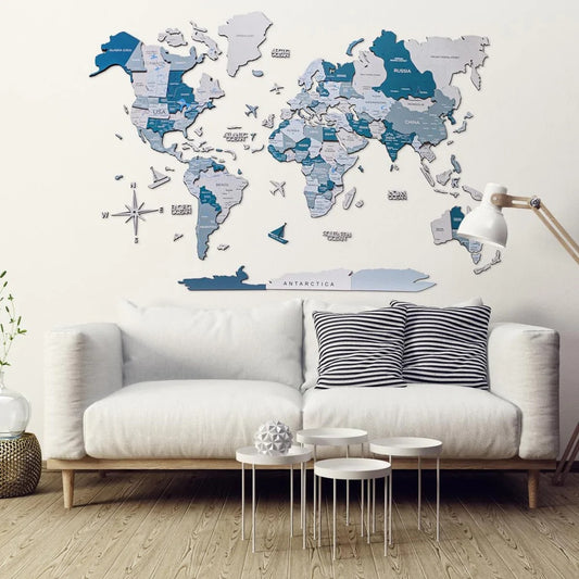 3D Wooden World Map in Blues Color in a Living Room