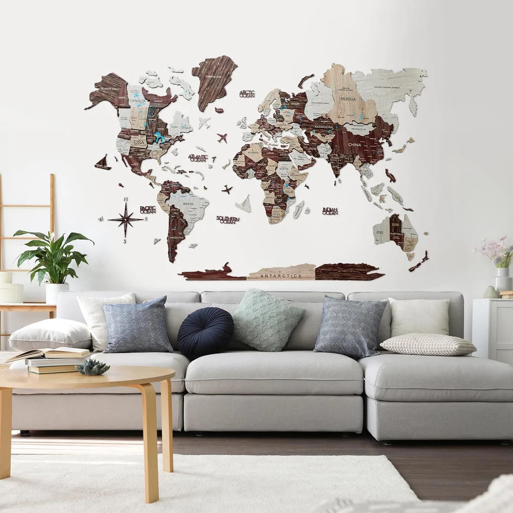 3D Wooden World Map in Cappuccino Color in a Living Room