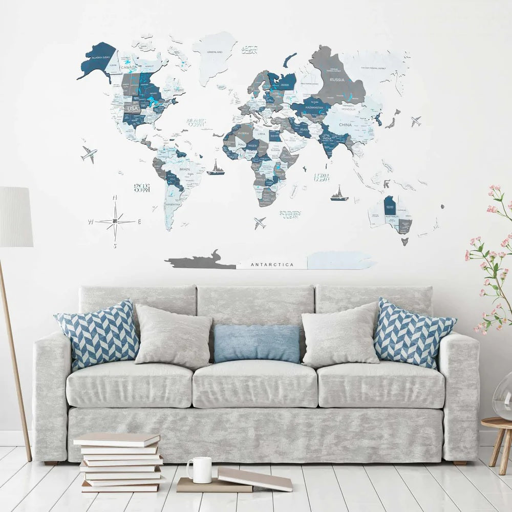 3D Wooden World Map in Cruise Color in a Living Room