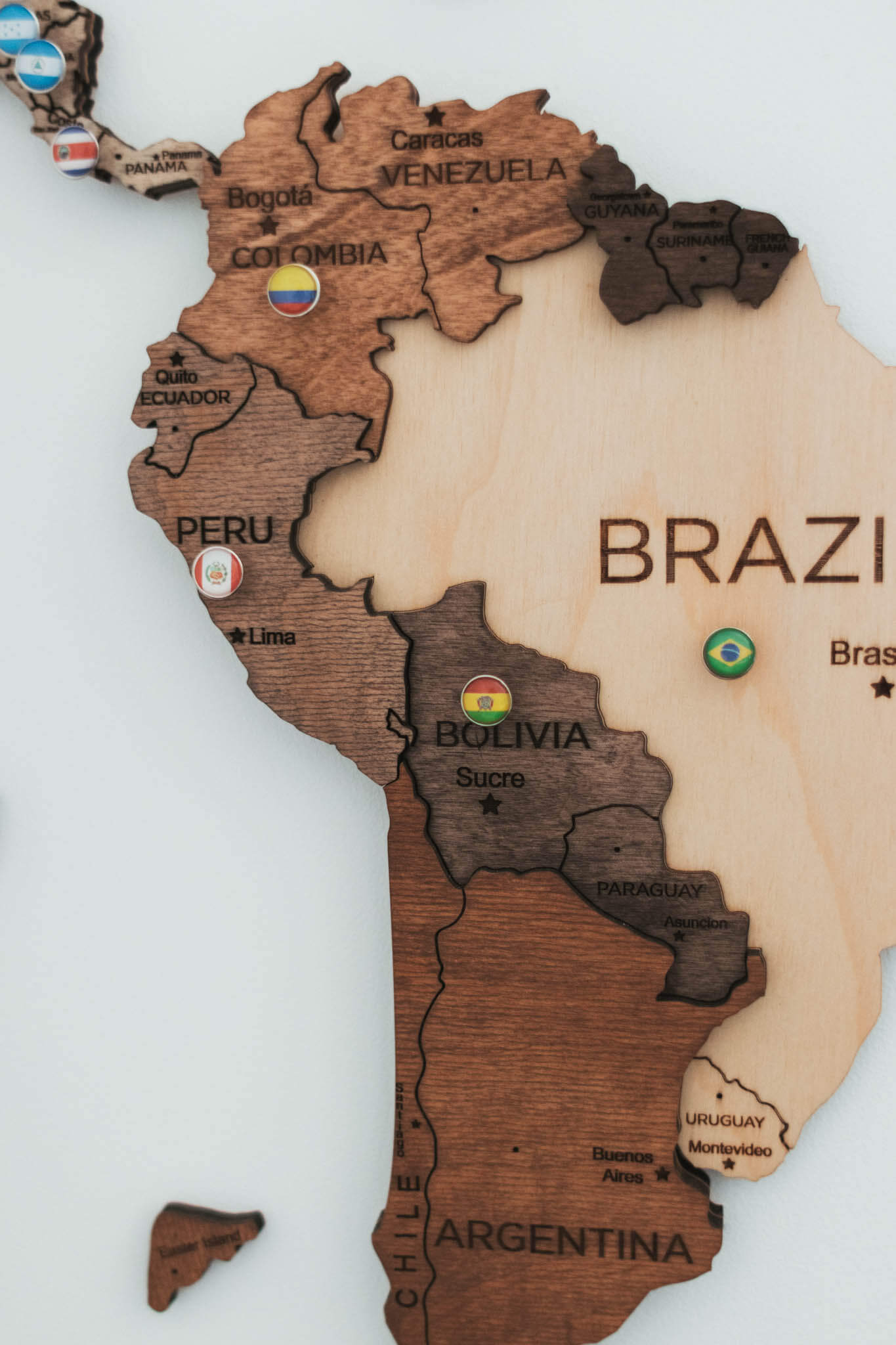 A closeup of a 3D Wooden World Map in Multicolor