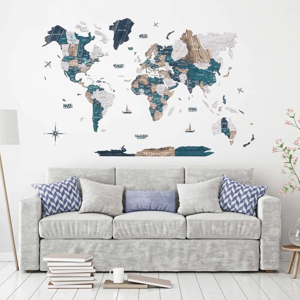 3D Wooden World Map in Mystery Color in a Living Room
