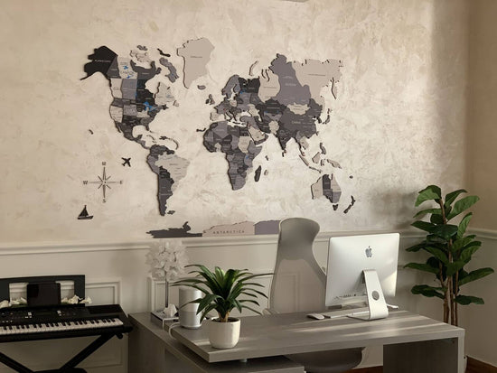 A 3D Wooden World Map in color Nordik in a Home Office