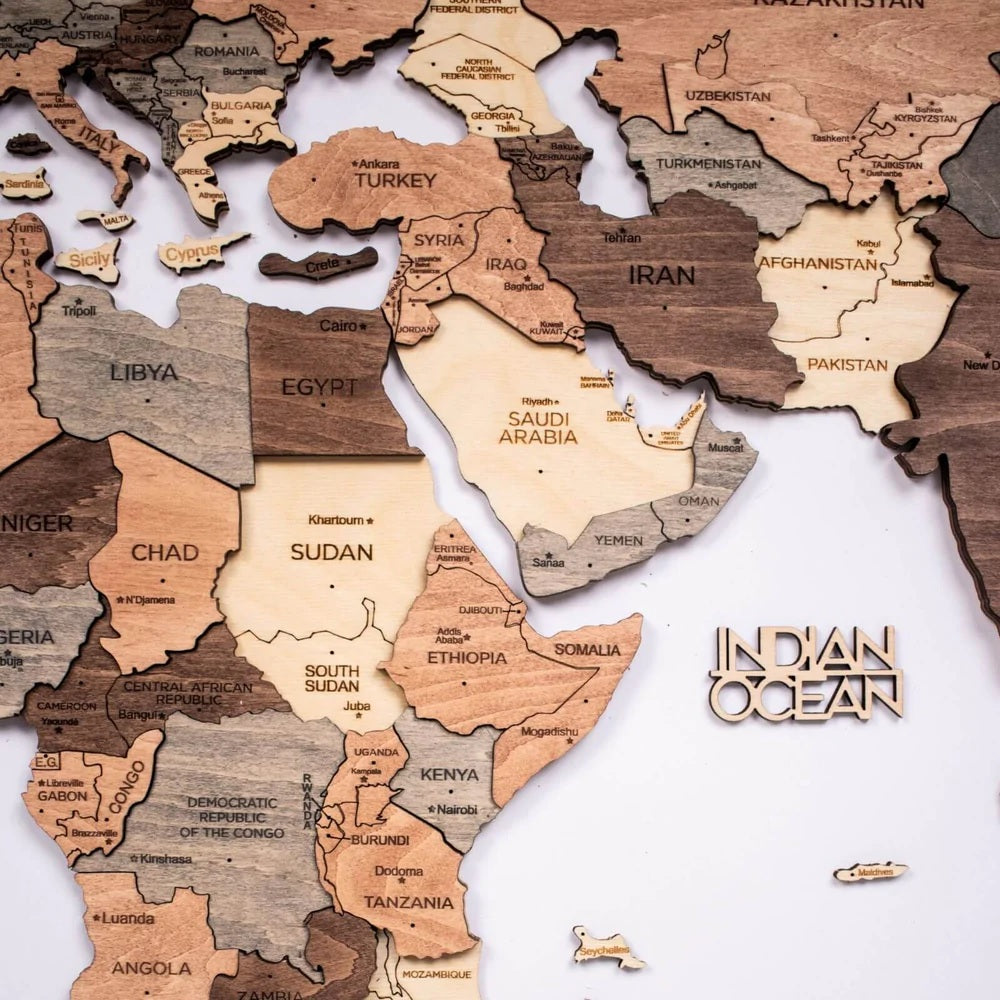 3D Wooden World Map in Smokey Color Closeup