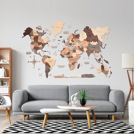 3D Wooden World Map in Smokey in a Living Room