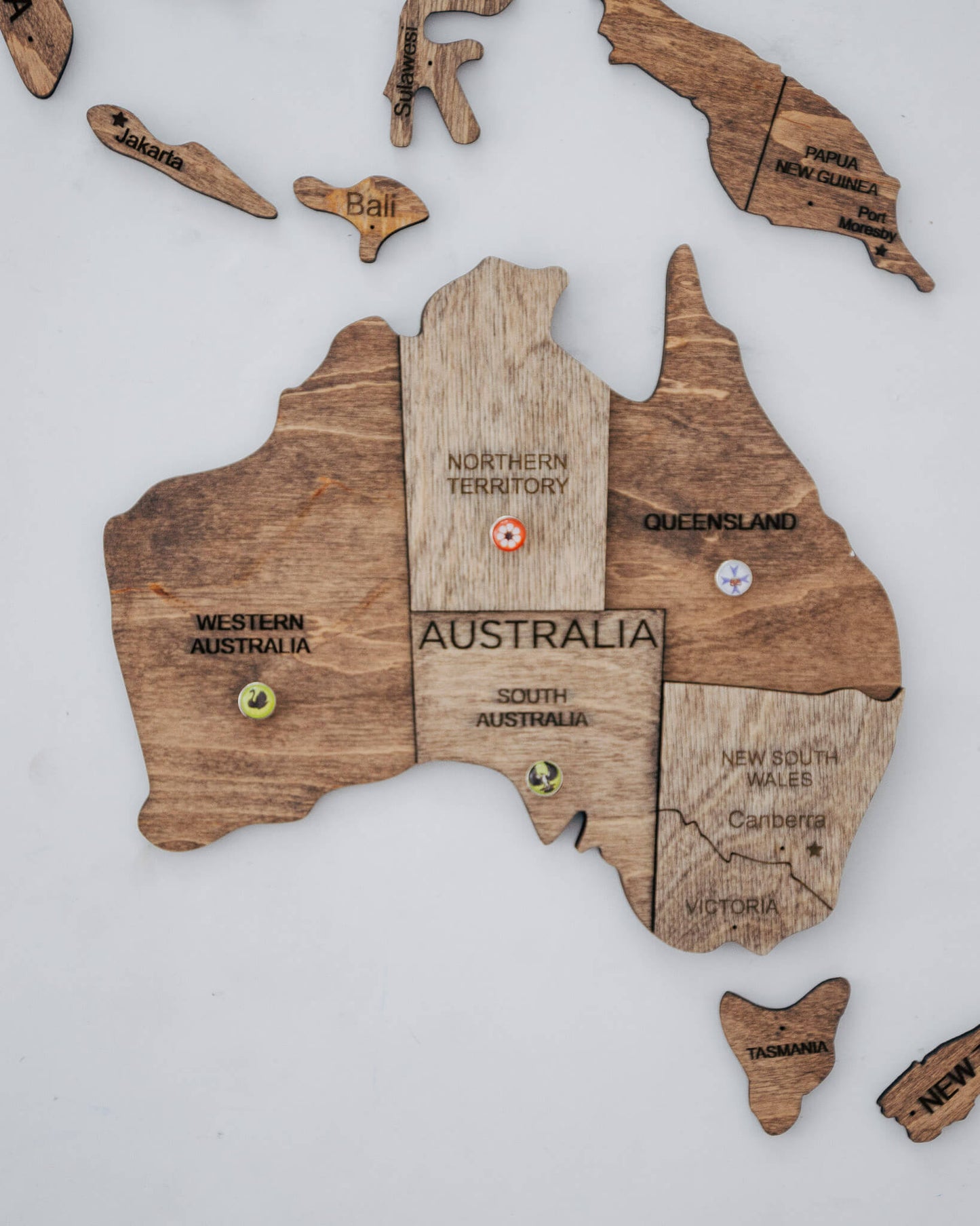 Australia closeup of a 3D Wooden World Map in Terra