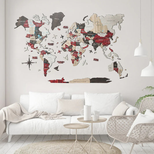3D Wooden World Map in Urban Color in a Living Room