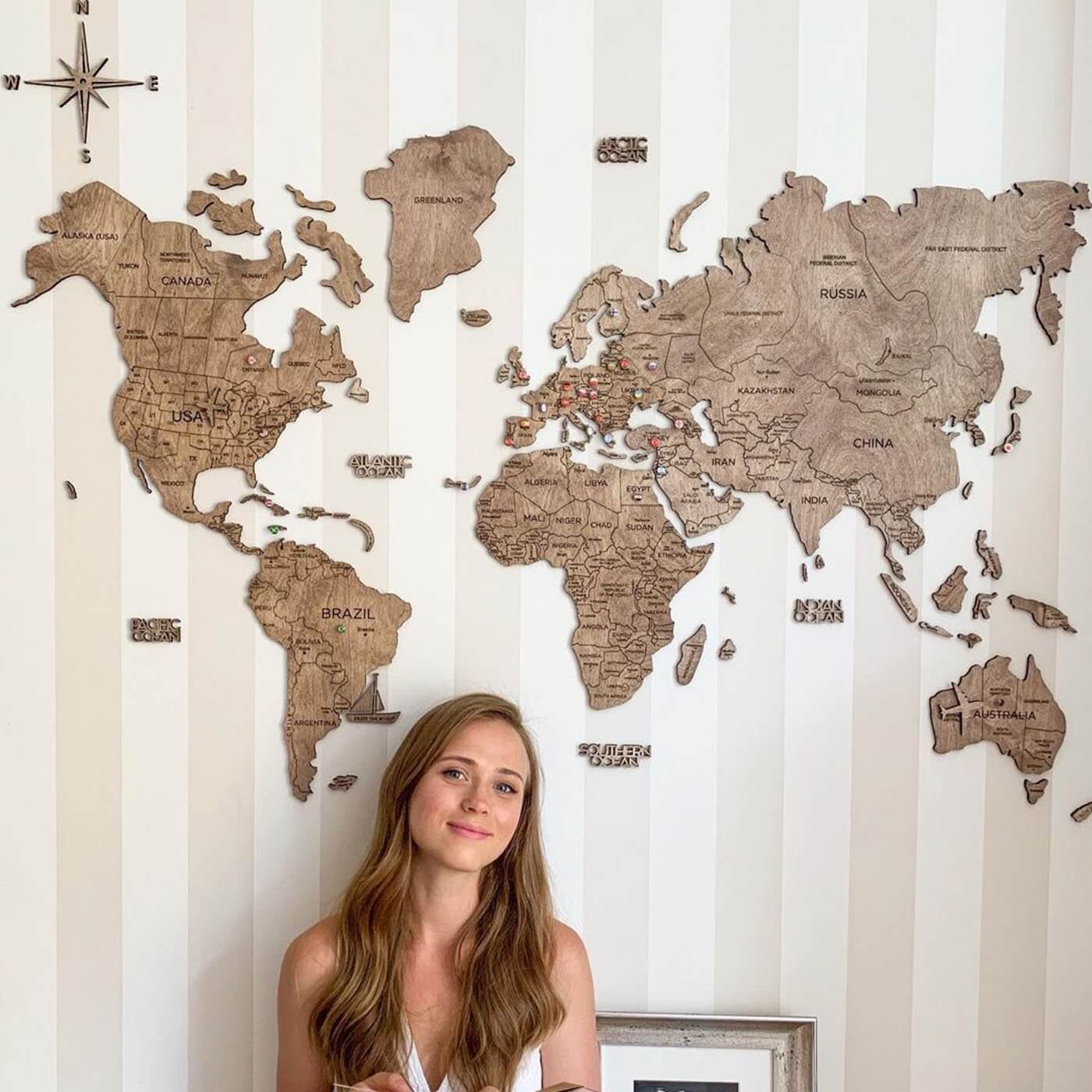 Wooden World Map Smiling Woman